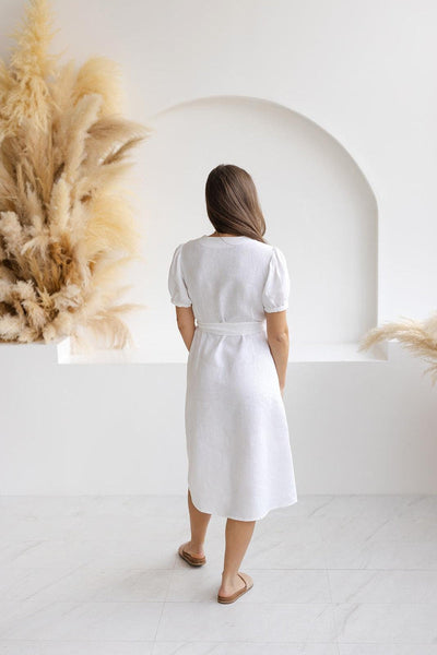 Summer midi dress with puff sleeves and front buttons