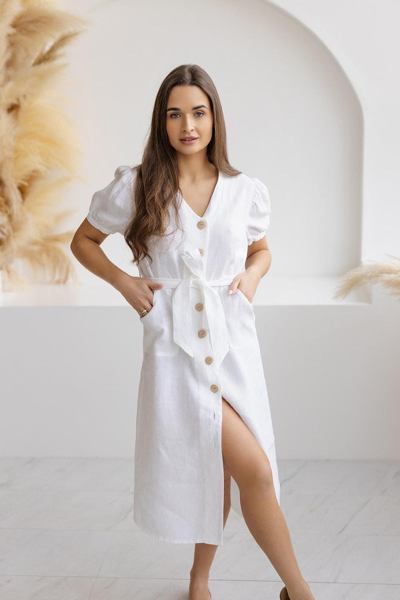 Summer midi dress with puff sleeves and front buttons