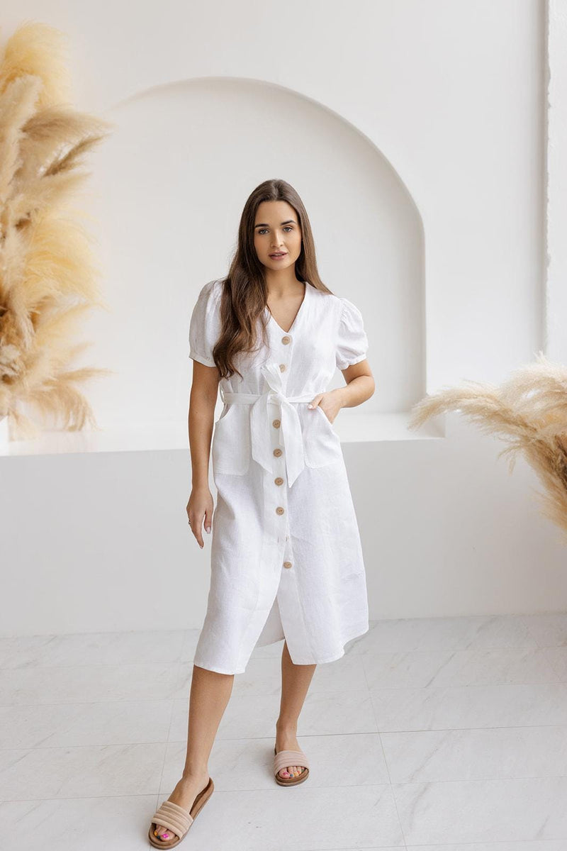 Summer midi dress with puff sleeves and front buttons