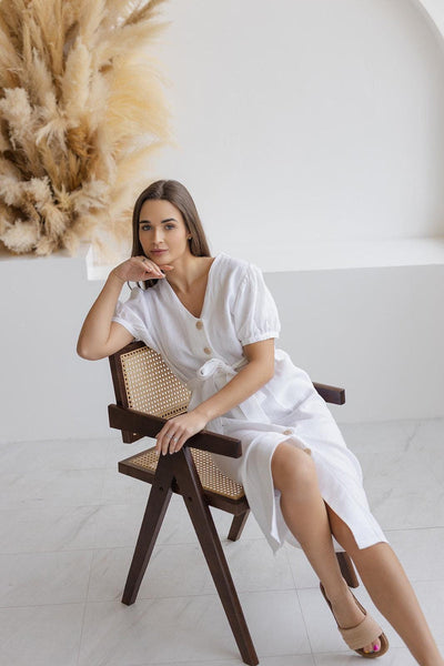Summer midi dress with puff sleeves and front buttons