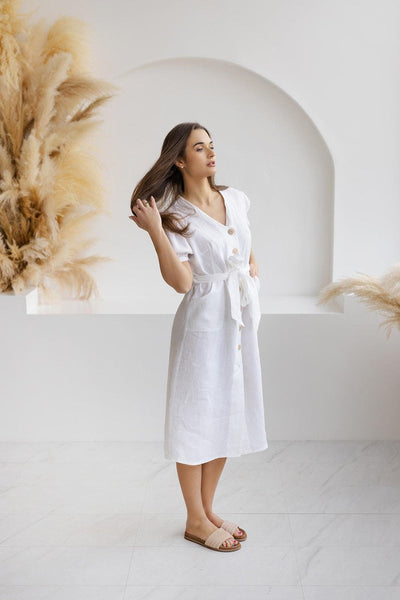 Summer midi dress with puff sleeves and front buttons