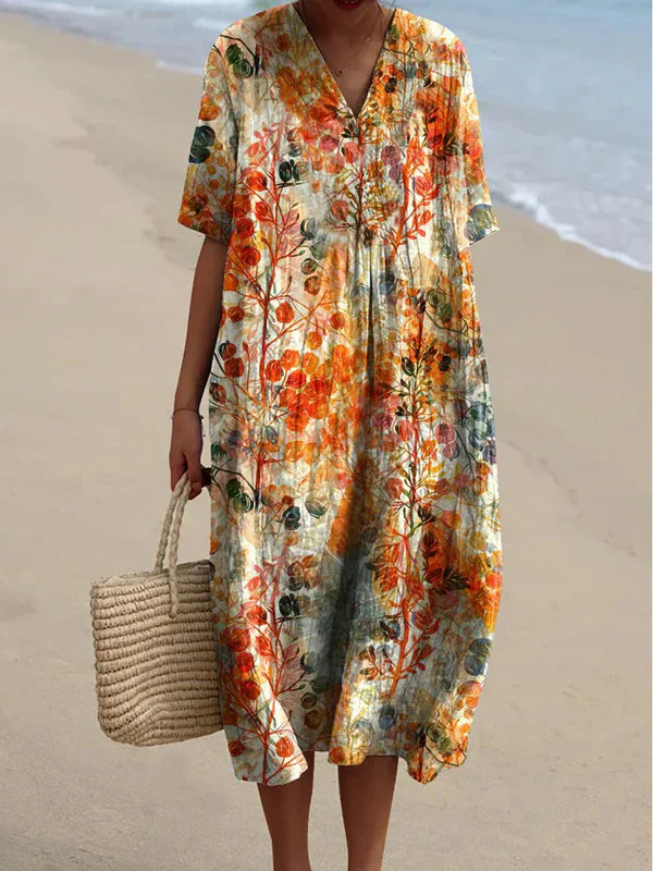 Carlota - Loose short-sleeved V-neck dress with retro floral print