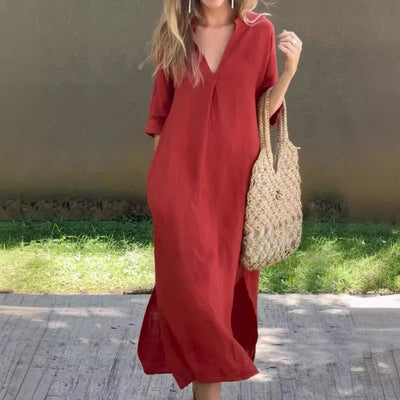 Elegant long dress with a V-neckline and side slit