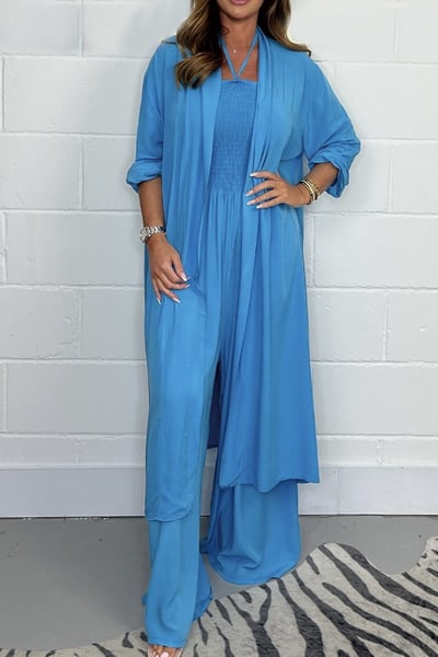 Women's one-piece set with sleeveless jumpsuit, wide-legged pants, and long cardigan