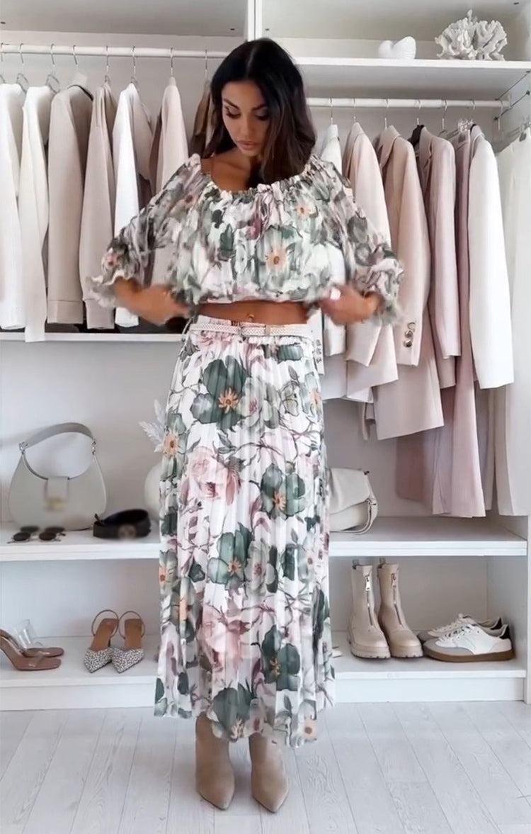 Two-piece floral print set with open blouse and long skirt
