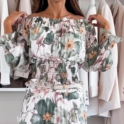 Two-piece floral print set with open blouse and long skirt