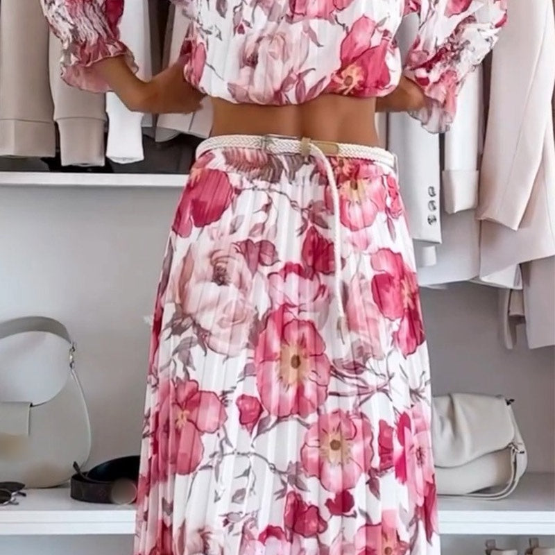 Two-piece floral print set with open blouse and long skirt