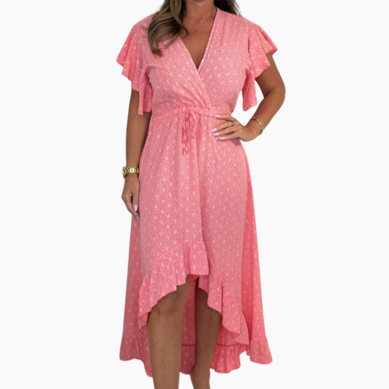 Long summer dress with elegant print, V-neckline and short butterfly sleeves