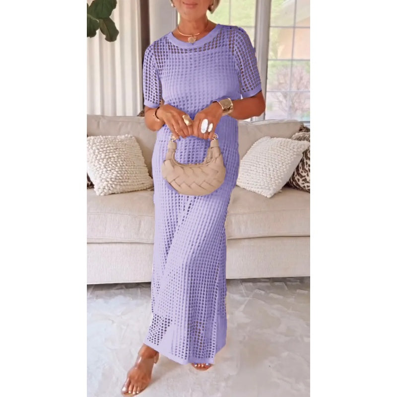 Two-piece set with a long strap dress and a light cape with short sleeves