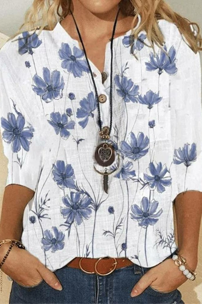 Carmen - Floral print blouse with buttons and long sleeves