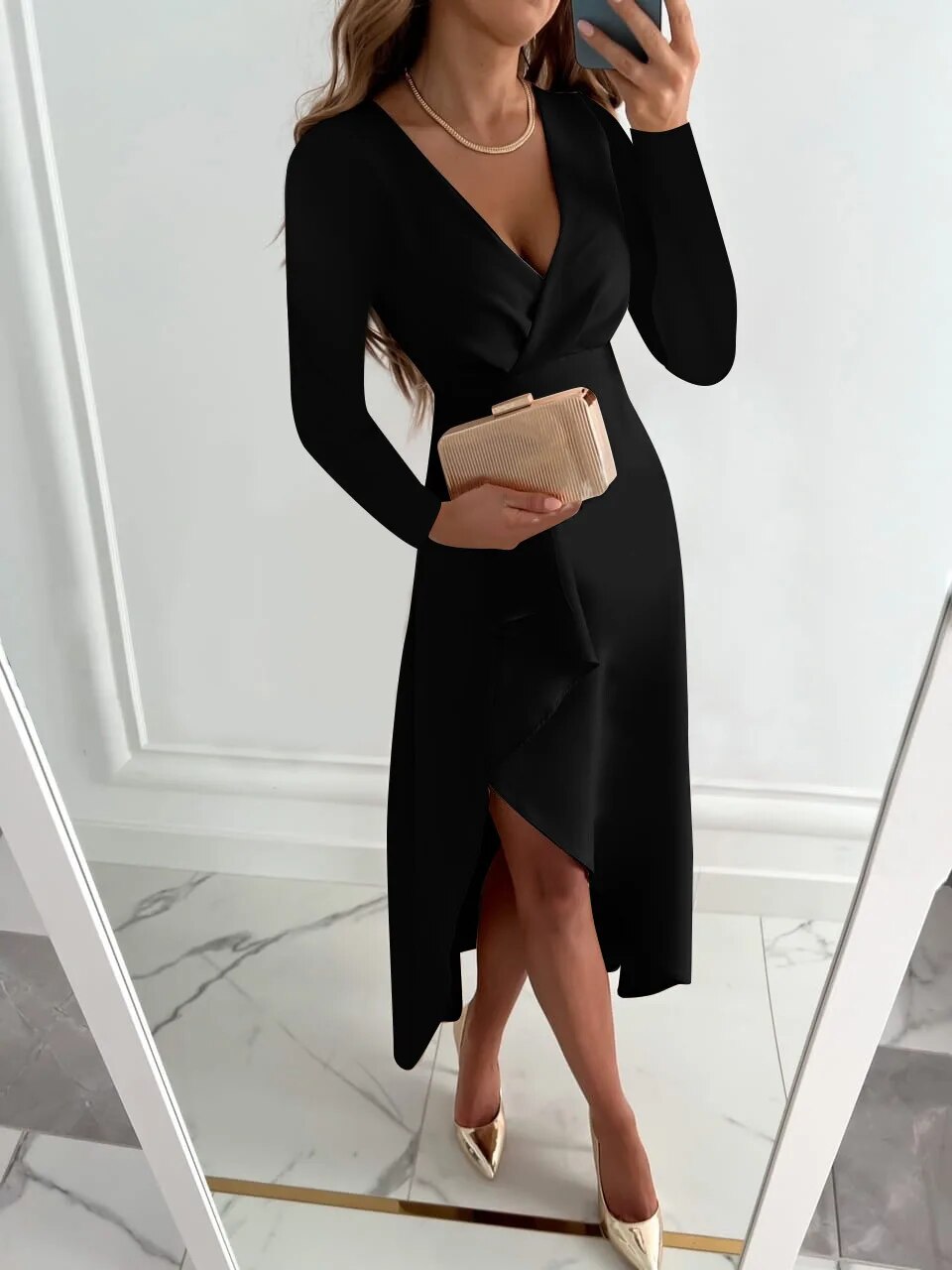Women's versatile long-sleeved midi dress