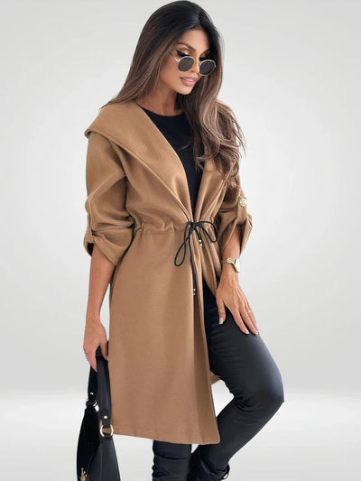 Modern women's cardigan with a wide hood and adjustable belt