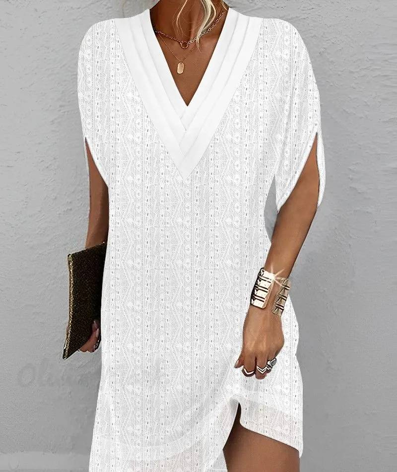 Berta - Women's Casual Half Sleeve V-Neck Eyelet Embroidered Dress