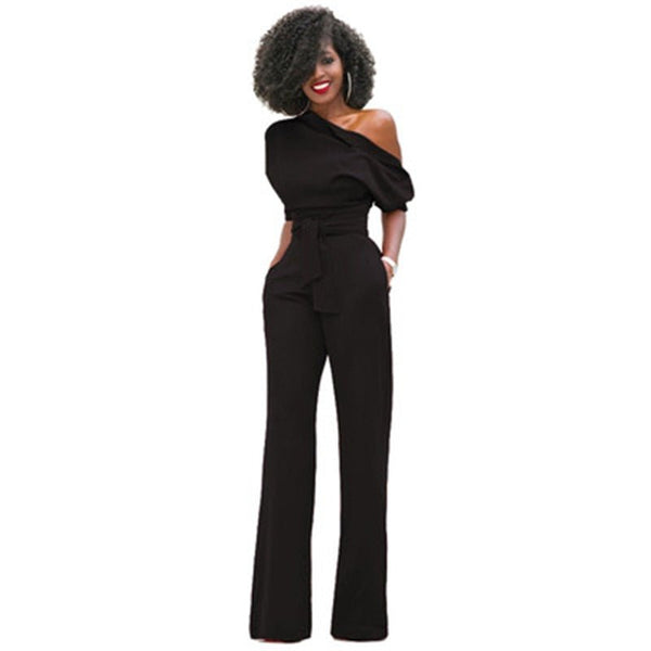 Women's elegant jumpsuit with one-shoulder design, belt and wide-legged pants