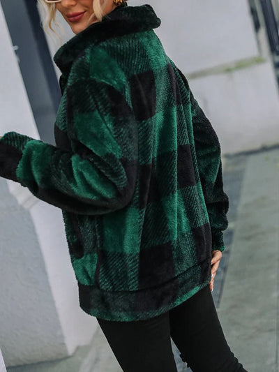 Women's Double-Sided Plaid Jacket with Quilted Collar – Warm and Stylish Coat