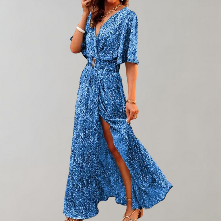 Long flowing dress with a deep neckline and wide sleeves