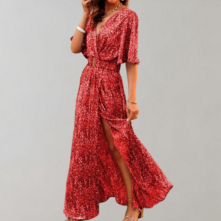 Long flowing dress with a deep neckline and wide sleeves