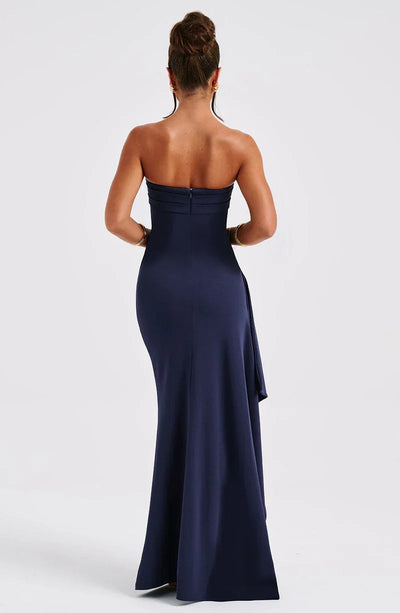 Long off-the-shoulder evening dress with elegant draped skirt