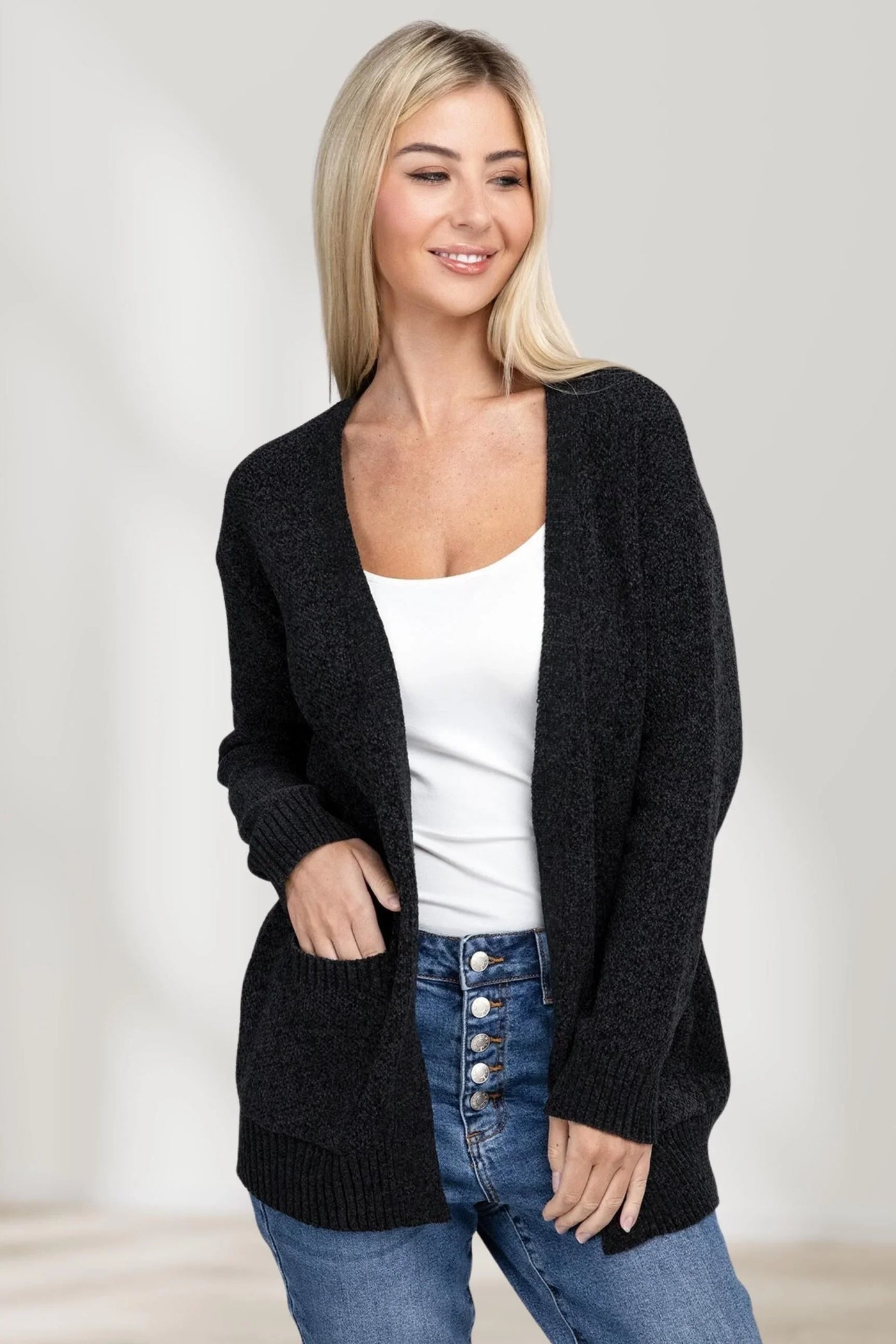 Long-sleeved cardigan with cape effect and front slit